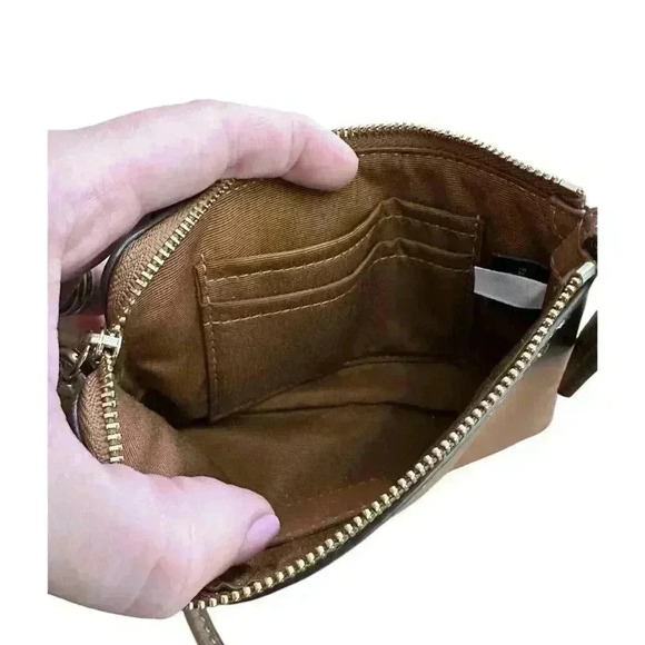 Coach Corner Zip Wristlet Brown Leather Logo Card Slots Bag Charm - Picture 3 of 6
